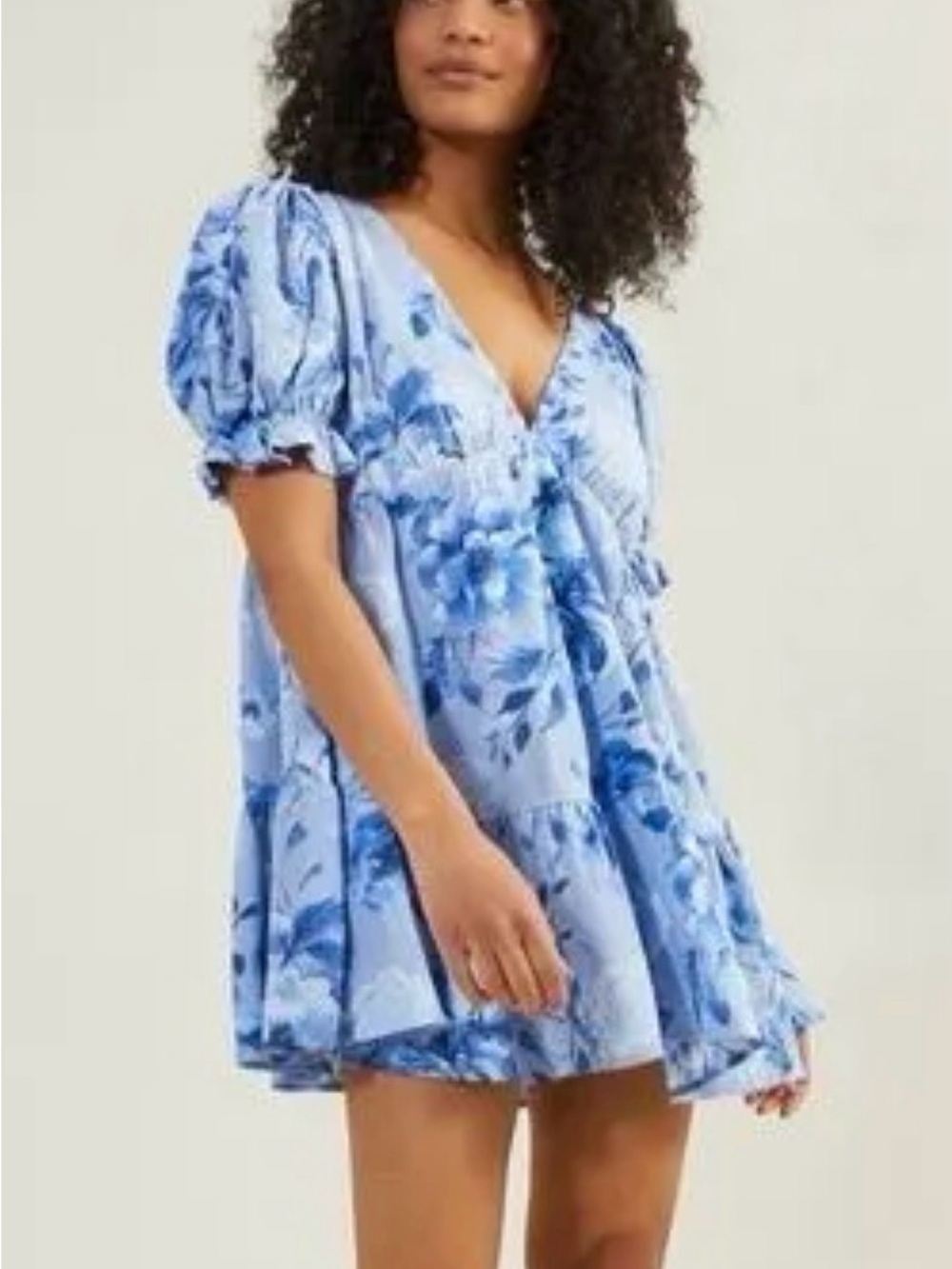 Blue Floral V-Neck Mini Dress